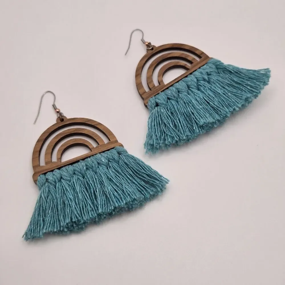 Tassel Earrings Turquoise Fringe Wood Dangle Southwestern Hippie Boho Maximalist